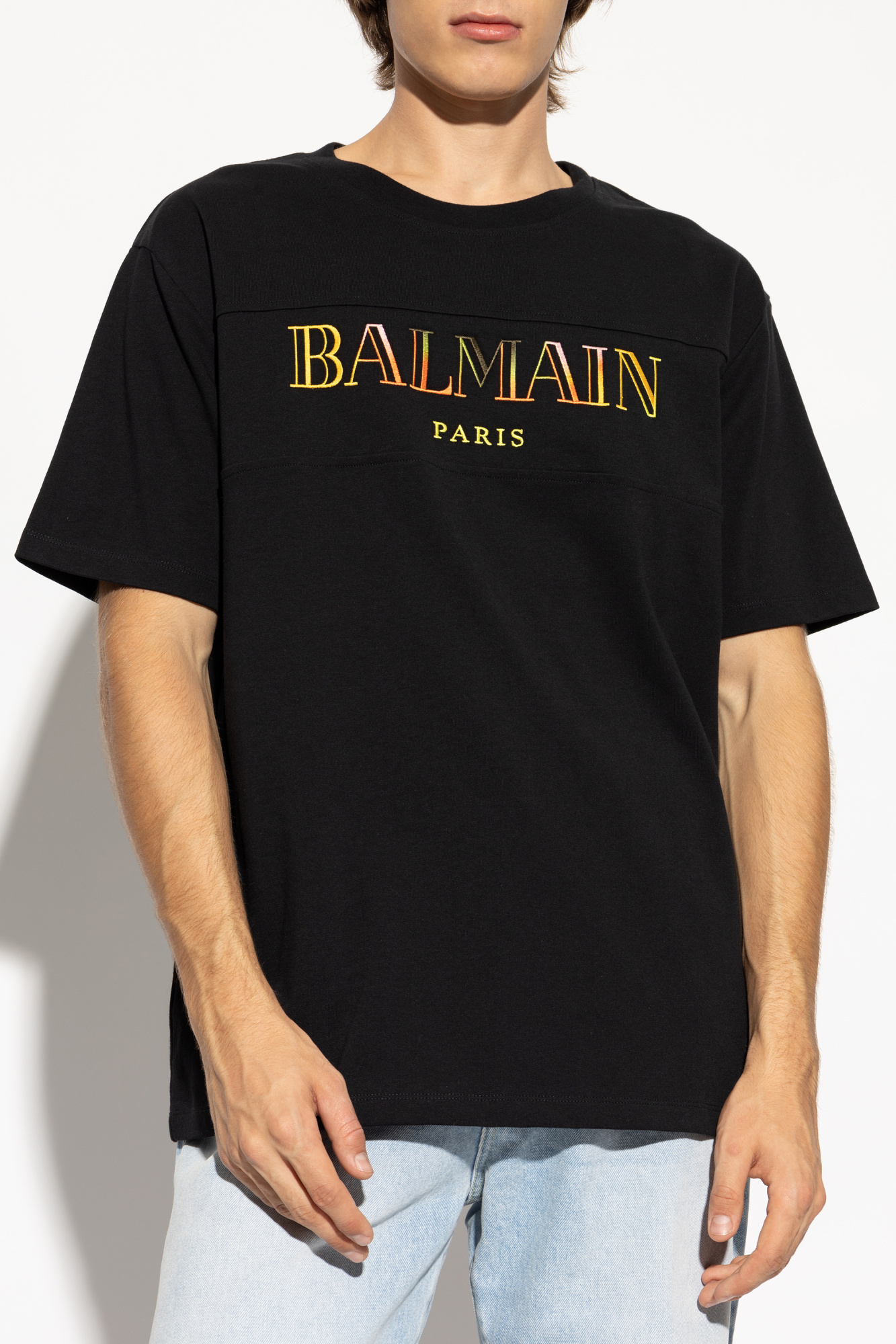 Balmain T shirt with colorfully embroidered logo Men s Clothing Vitkac